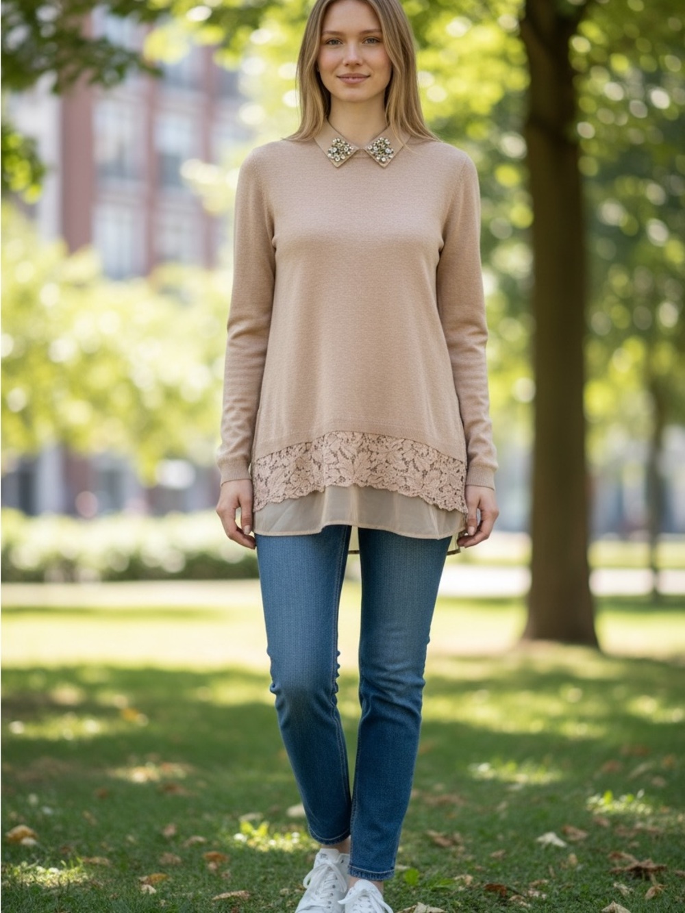 Love Token Beige Layered Lace Hem Sweater